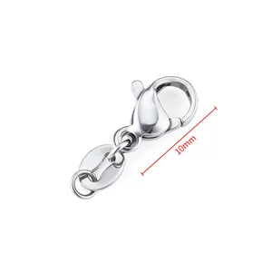 Polished 10mm stainless steel lobster clasp with jump ring and metal tag component