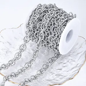 Roll of silver stainless steel DIY jewelry chain with textured oval links on spool