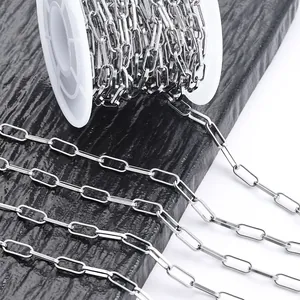 Silver stainless steel paperclip chain on white spool for DIY jewelry making and crafts