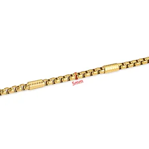 Golden 5mm stainless steel box chain with textured cylindrical tube accents for DIY jewelry