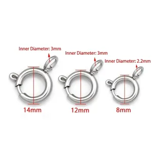 Trois tailles de fermoirs anneaux à ressort en acier inox pour bijoux DIY 8mm 12mm 14mm