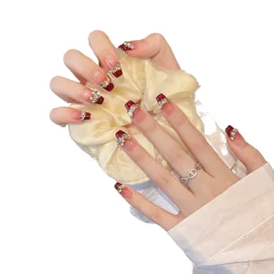 Sparkling berry red gradient press-on nails with luxury rhinestones and pearls