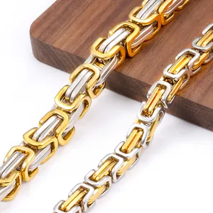 Two-tone gold and silver stainless steel Byzantine chain necklace for men hip hop style