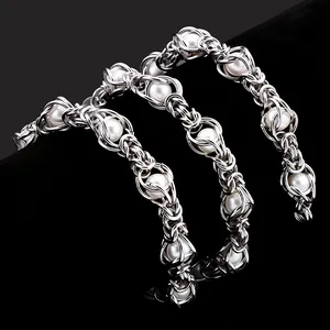 Handmade stainless steel curb chain with white pearls for DIY fashion necklaces