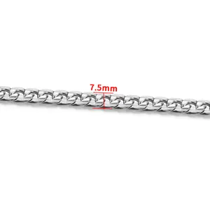 Detail view of a 7.5mm silver stainless steel curb chain with flat interlocking links