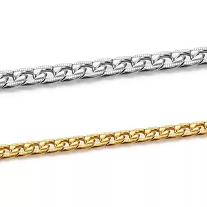 Polished gold and silver stainless steel NK curb chains with textured indented links