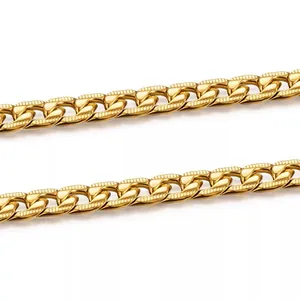 Golden stainless steel Cuban link chain with detailed textured patterns on flat links