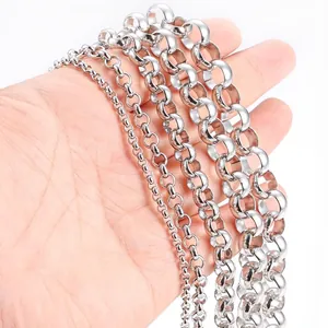 Titanium steel round pearl rollo chains in four sizes held by hand for DIY jewelry making