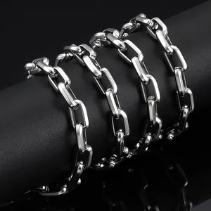 Industrial style stainless steel rectangular link chain necklace with a metallic silver finish
