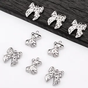 18k gold stainless steel bow charms with liquid metal texture for DIY jewelry making