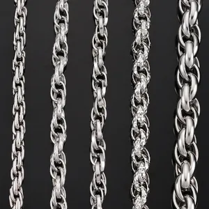 Detail showing five different styles of stainless steel chains with various textures