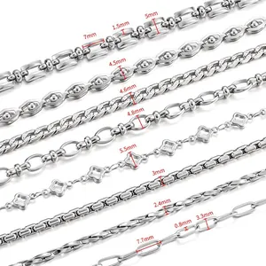 Détail de divers styles de chaînes en acier inoxydable avec mesures de largeur de 1,5 à 7 mm