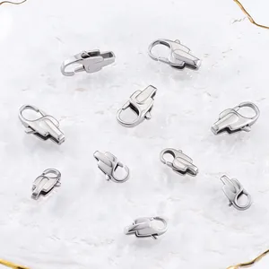 Detailed view of ten polished stainless steel lobster clasps for DIY jewelry making