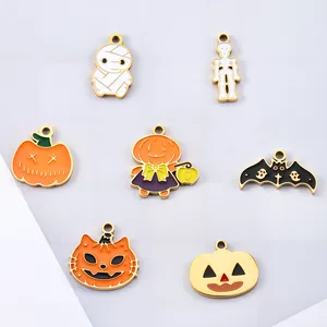 Colgantes de Acero Inoxidable Esmalte Halloween Calabaza Murciélago Esqueleto Momia Fantasma Dorado Accesorios Joyería DIY