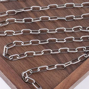 Macro shot of silver stainless steel oval flat link chain for DIY necklace jewelry making