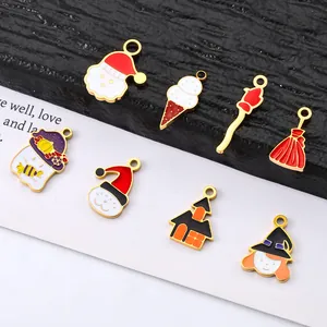 Roestvrij Staal Halloween Kerstmis DIY Hangers Emaille Charms Voor Ketting Sieraden Maken Met Heks Kat Sneeuwpop Kasteel Bezem Ijs Geest Fakkel 18K Verguld
