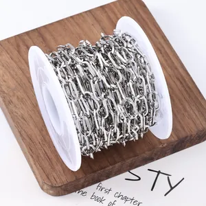 Polished silver stainless steel oval paperclip chain on white plastic spool roll