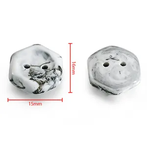 Detail view of 15mm hexagonal ABS buttons with black and white ink marble texture
