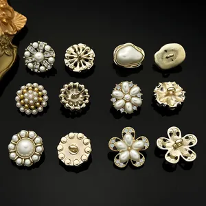 Detailed close-up of premium gold alloy buttons with luxury pearls and sparkling rhinestones