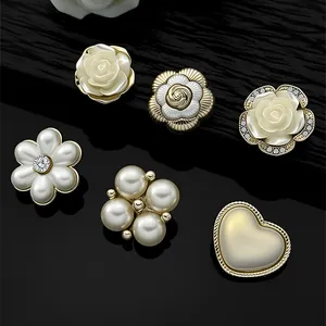 Vintage metal flower and pearl buttons for luxury knitwear and coats in gold and cream