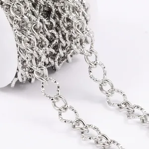Polished silver stainless steel textured link chain on a roll for DIY jewelry making