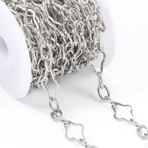 Polished silver stainless steel clover link chain on white spool for DIY jewelry making