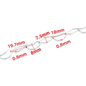 Polished silver stainless steel rhombic link chain with detailed size measurements
