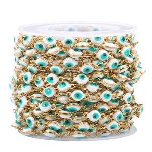 Golden stainless steel evil eye chain roll with blue enamel beads for DIY jewelry making