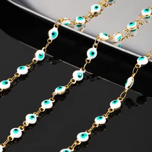 Stainless Steel Evil Eye Chain For DIY Jewelry Making Gold Plated Metal Loose Chain With White Base Green Eye Beads For Bracelet Bag Decor Ethnic Style Accessories