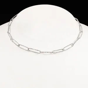 Polished silver stainless steel paperclip chain necklace with diamond-cut texture details