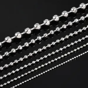 Polished stainless steel bead chains in five different sizes shown with glossy reflections