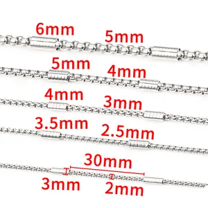 Polished silver stainless steel box chains in 2mm to 6mm widths for jewelry making