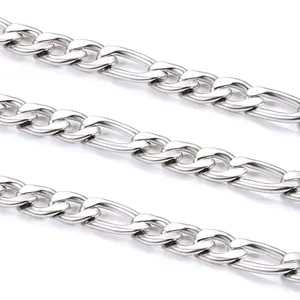 Macro shot of 15.5mm polished stainless steel Figaro chain with reflective silver finish