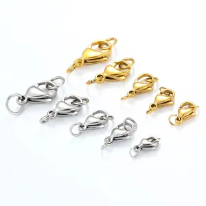 Macro comparison of 18K gold and silver lobster clasps in five different sizes for DIY jewelry
