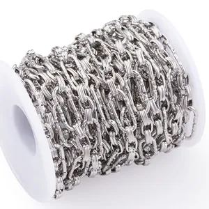 Macro detail of silver stainless steel textured link chain spool for DIY jewelry making