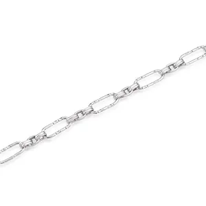 Detailed view of silver stainless steel textured paperclip chain for jewelry making