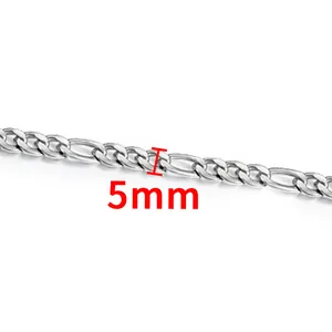 Close-up of 5mm silver stainless steel Figaro chain showing detailed 3:1 link structure