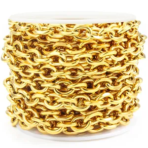 Detail view of gold-plated stainless steel oval link chain wound on a white spool