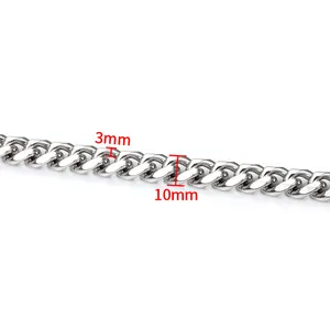 10mm wide silver stainless steel Cuban link chain with 3mm thickness for hip hop jewelry