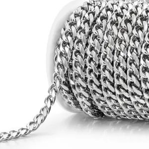 Polished silver stainless steel Cuban link chain on a white spool for DIY jewelry making
