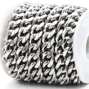 Close-up of bulk stainless steel cuban chain on a white spool for DIY jewelry making