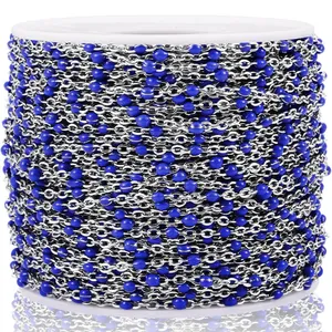 Silver satellite chain roll with blue enamel beads for DIY jewelry making and crafts