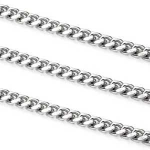 Close-up of silver Cuban link chain with polished stainless steel finish and texture