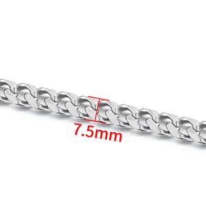 Detailed macro view of 7.5mm wide polished stainless steel cuban link chain