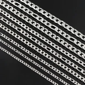 Polished stainless steel Figaro and Curb chain necklaces in various widths on black background
