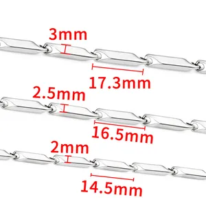 Polished stainless steel rectangle link chains in 2mm 2.5mm and 3mm width options