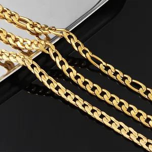 Three types of gold plated stainless steel Cuban and Figaro chains for DIY jewelry making