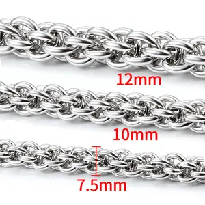 Chaîne spiga en acier inoxydable argenté en trois largeurs : tailles 7,5 mm, 10 mm et 12 mm