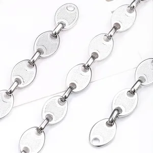 Chaîne à maillons ovales en acier inoxydable argenté poli avec texture pour bijoux DIY