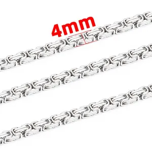 Detail of 4mm silver Byzantine chain showing intricate stainless steel weave texture